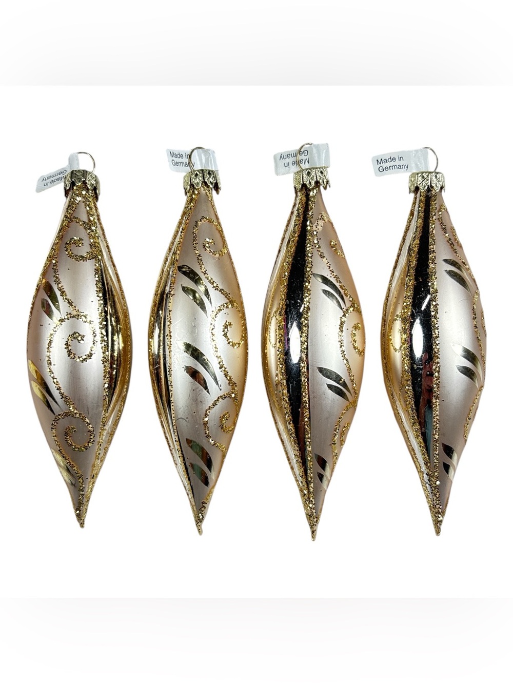 4 Blown Glass Icicle Teardrop Torpedo Christmas Ornaments Gold Glitter Germany